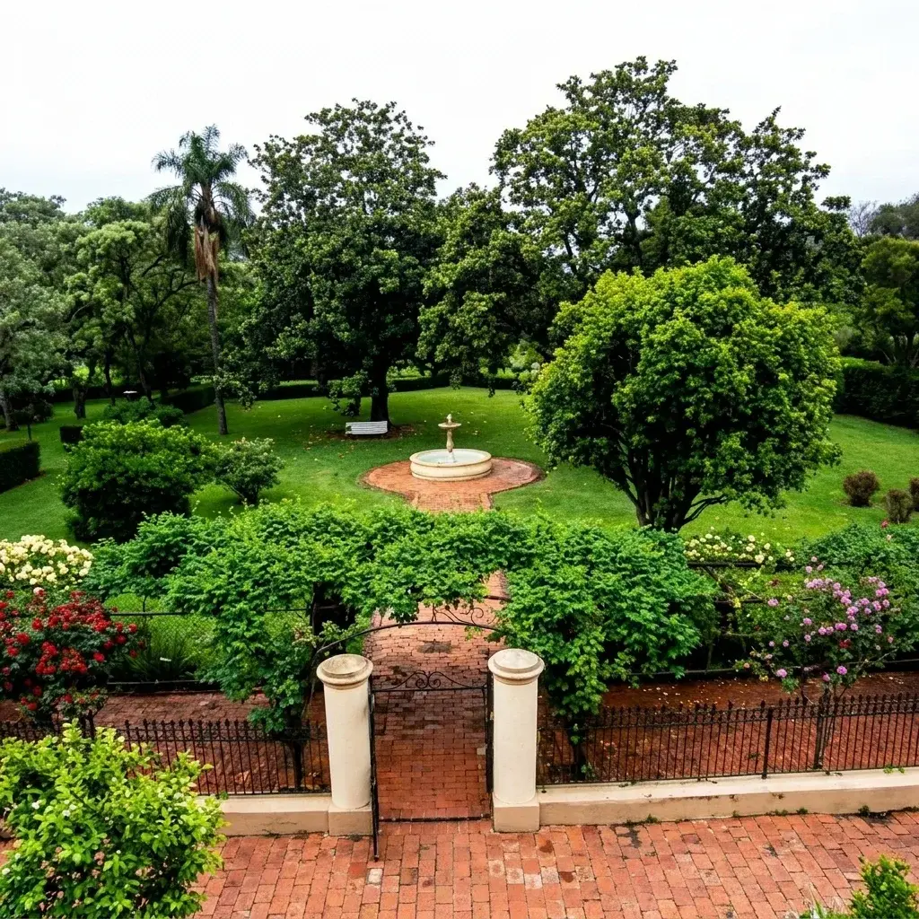 El jardín y la fuente vistos desde la galería